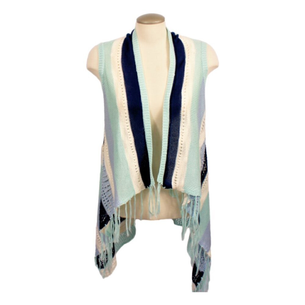 Open Front Sweater Vest Womens M Blue Boho Hippy Crochet Fringe Tassel Hi Lo Hem